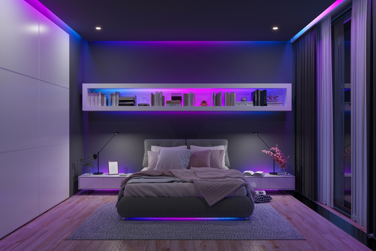 dormitor amenajat modern, cu benzi LED